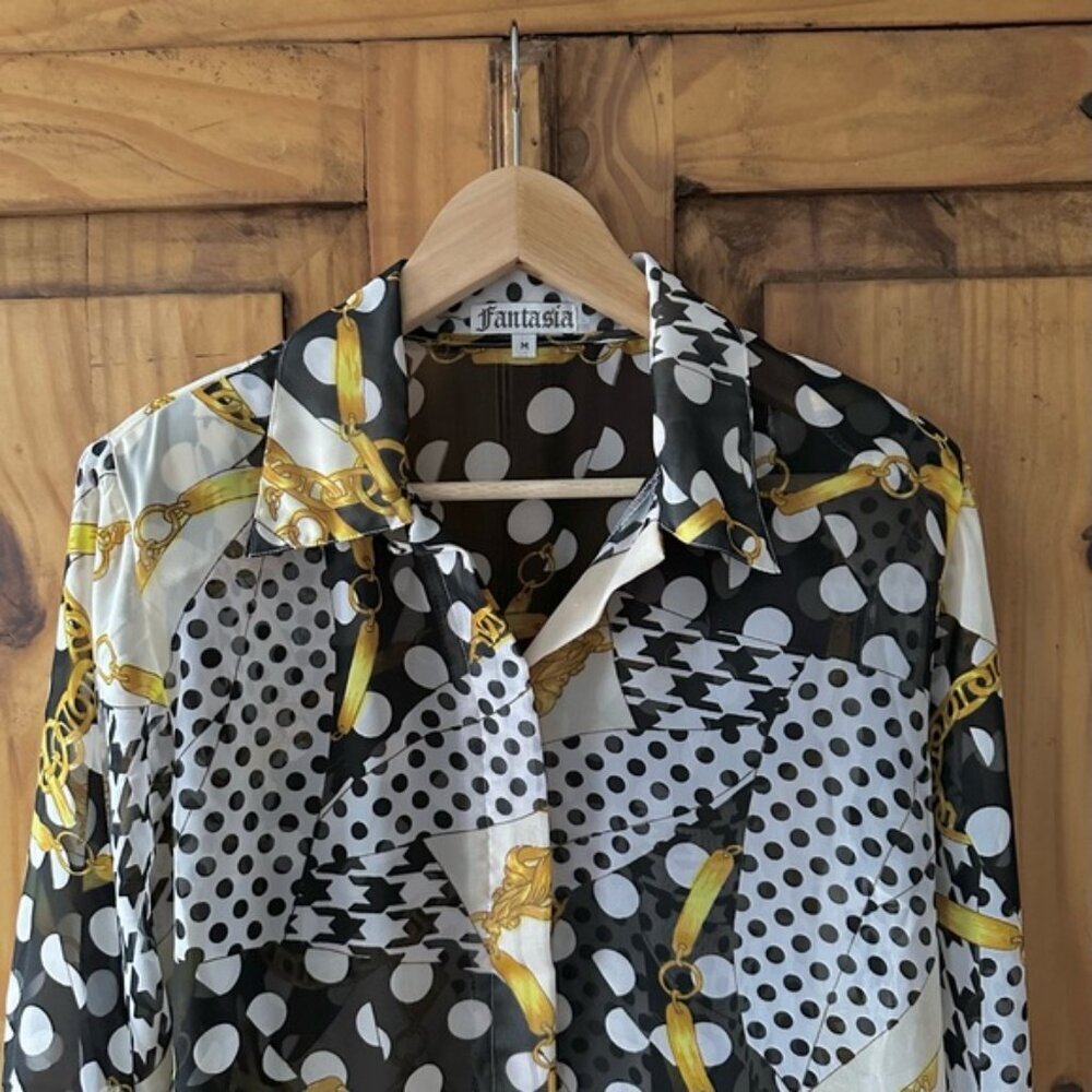 Vintage 90’s Button Up Shirt Polka Dots Gold Chains Black Yellow White - M - Picture 5 of 16